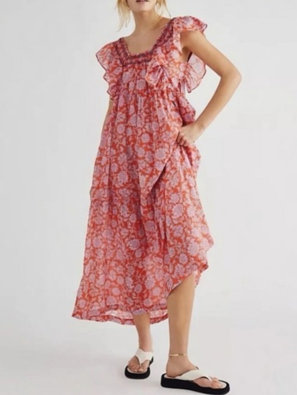 Free People Bonita Printed Midi Dress Coral Floral 100% Cotton Pockets Bohemian - Picture 1 of 17